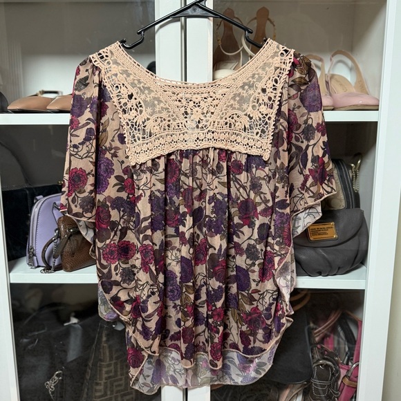 Eyelash Couture Brown Colorful Floral Patterned Lace Women's Top Size Large - Picture 1 of 5